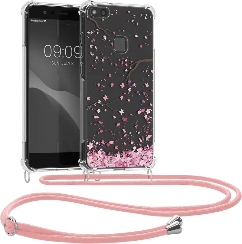 KWmobile Διάφανη Θήκη Σιλικόνης με Λουράκι Λαιμού - Huawei P10 Lite - Cherry Blossoms / Cherry Petals / Ροζ / Dark Brown / Transparent (50117.04)