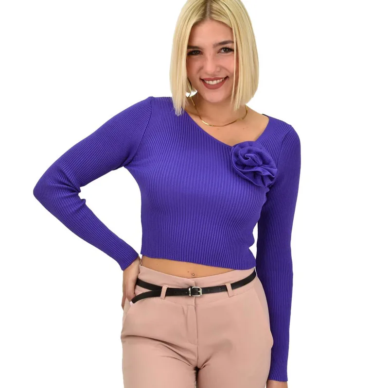 Γυναικείο πλεκτό crop top με σχέδιο λουλούδι Μωβ 21980