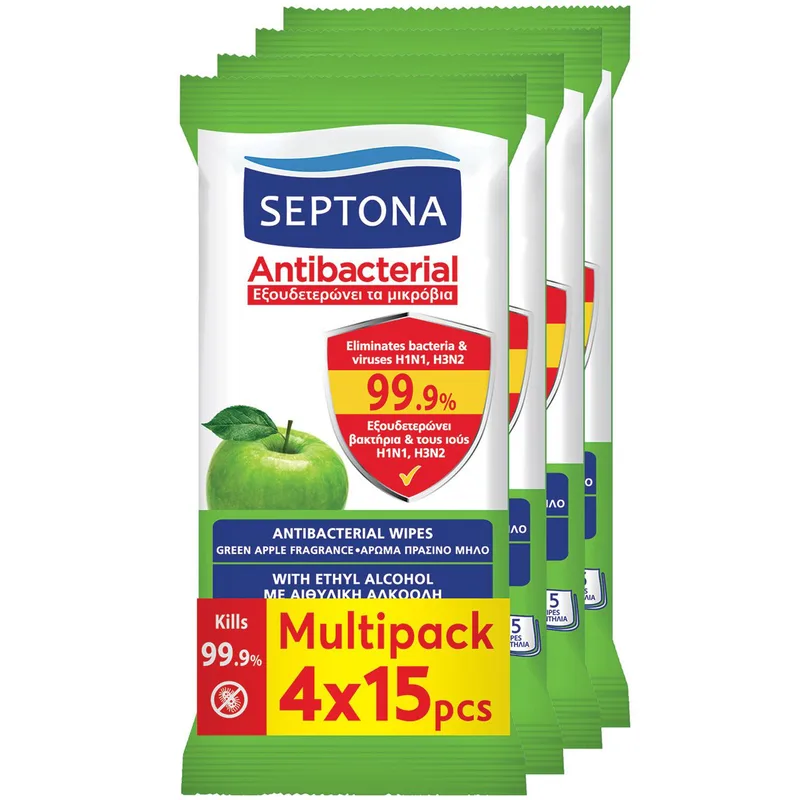Septona Promo Antibacterial Hand Wipes Αντιβακτηριακά Μαντηλάκια Χεριών με Άρωμα Πράσινο Μήλο 60 Τεμάχια (4x15 Τεμάχια)