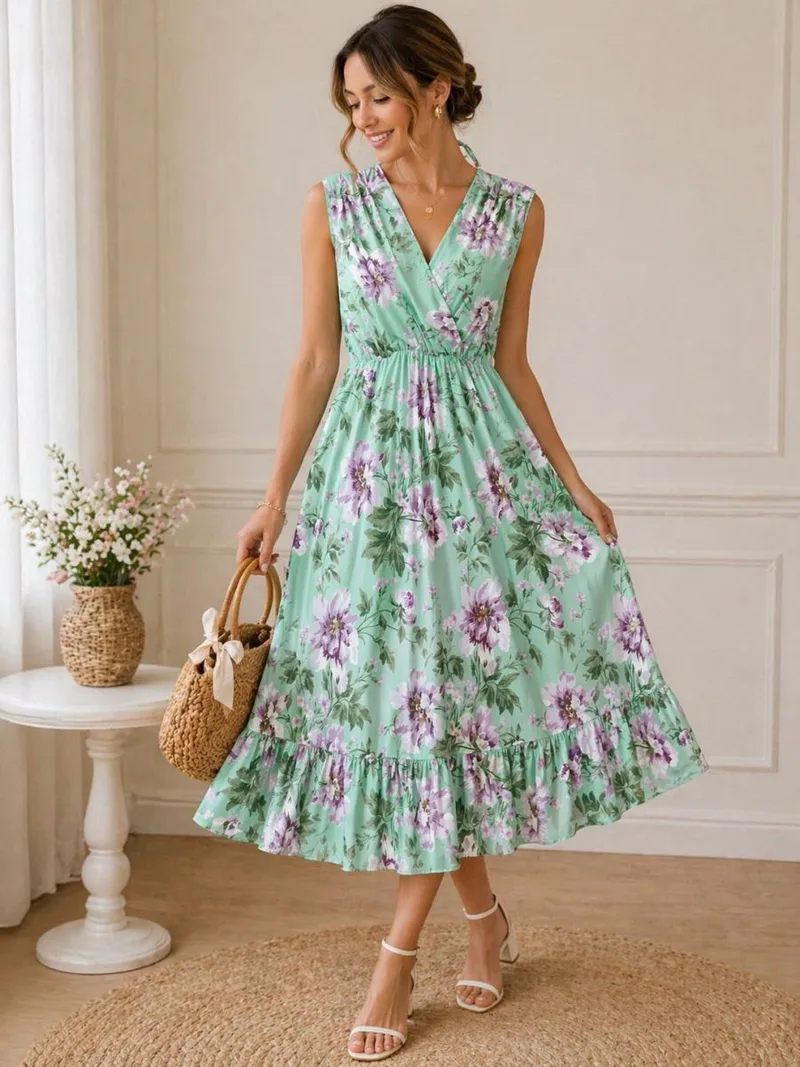 Γυναικείο Midi Φόρεμα Floral Με V Λαιμόκοψη – Αέρινο Καλοκαιρινό Φόρεμα Σε Βεραμάν | Dress Up Βεραμάν