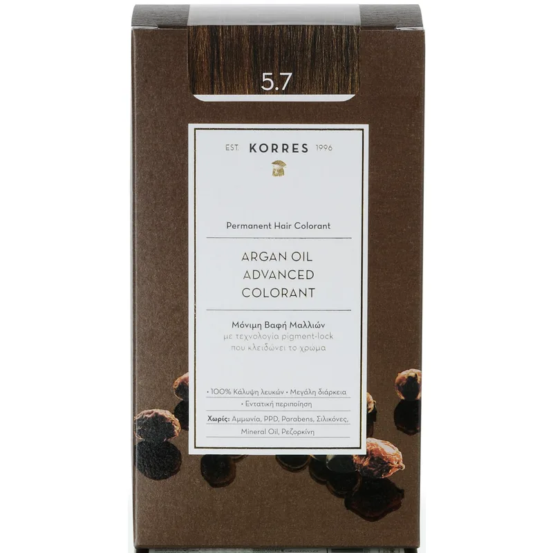 Korres Argan Oil Βαφή Μαλλιών Χωρίς Αμμωνία με Τεχνολογία Pigment-Lock που Κλειδώνει το Χρώμα 1 Τεμάχιο - 5.7 Σοκολατί