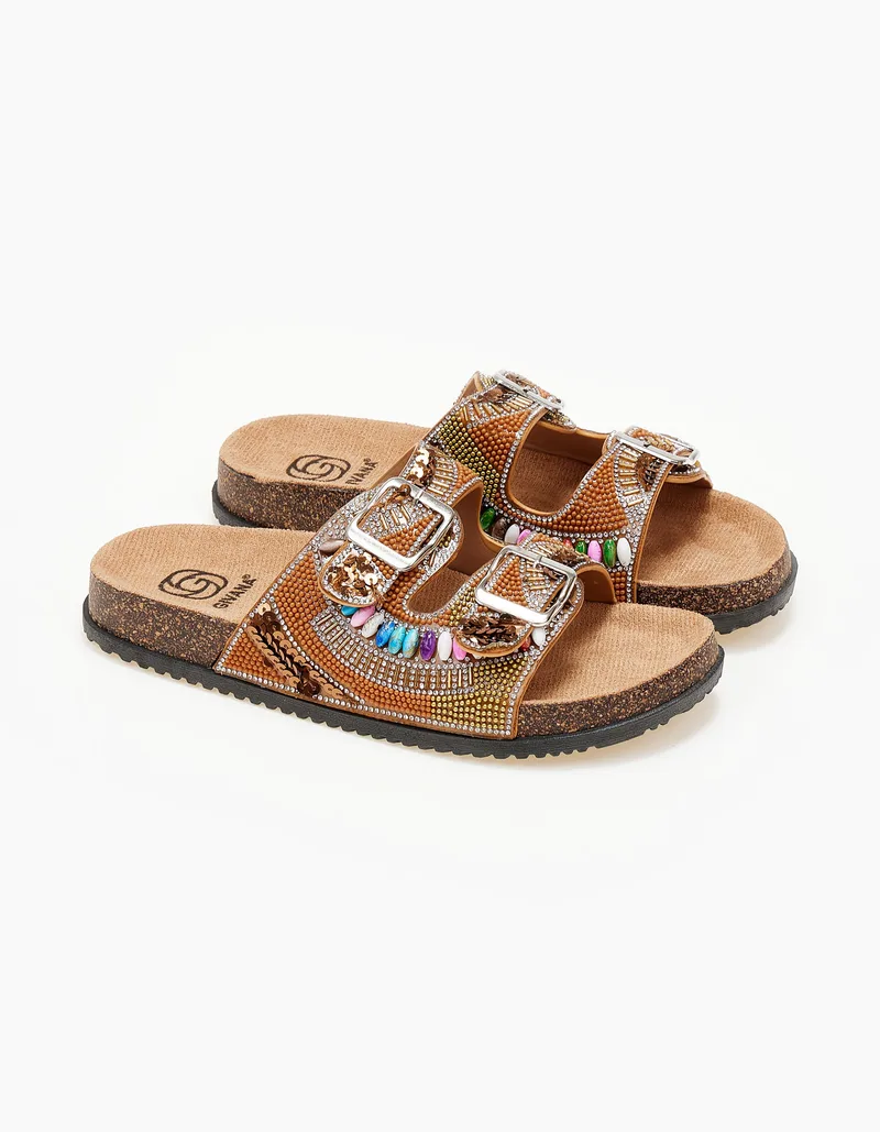 Σανδάλια flatform με δύο φάσες σε boho σχέδιο - Κάμελ