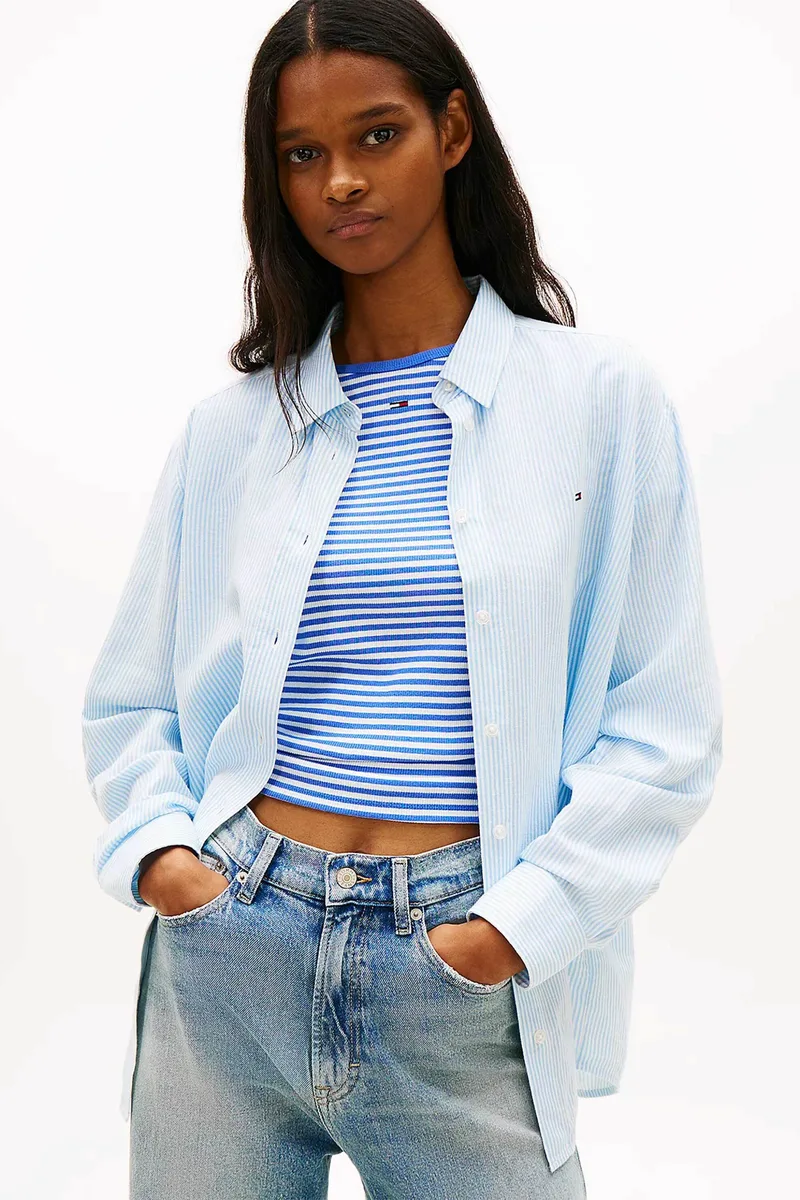 Tommy Jeans γυναικείο πουκάμισο ριγέ με λινό Relaxed Fit - DW0DW22209 Γαλάζιο