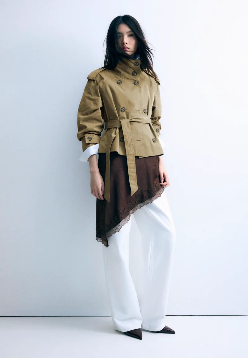Stradivarius Trench Με Όρθιο Γιακά Και Ζώνη Λαδί L