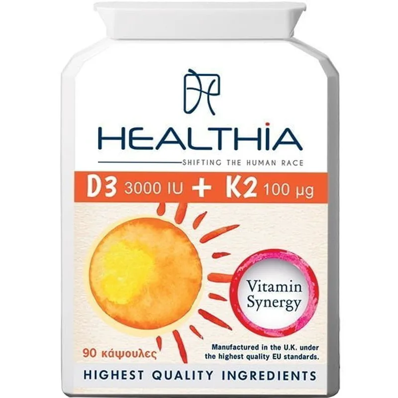 Healthia Vitamin D3 3000iu & Κ2 100μg Συμπλήρωμα Διατροφής Βιταμίνης D3 & K2 για την Καλή Υγεία των Οστών, Δοντιών & Ενίσχυση του Ανοσοποιητικού 90caps