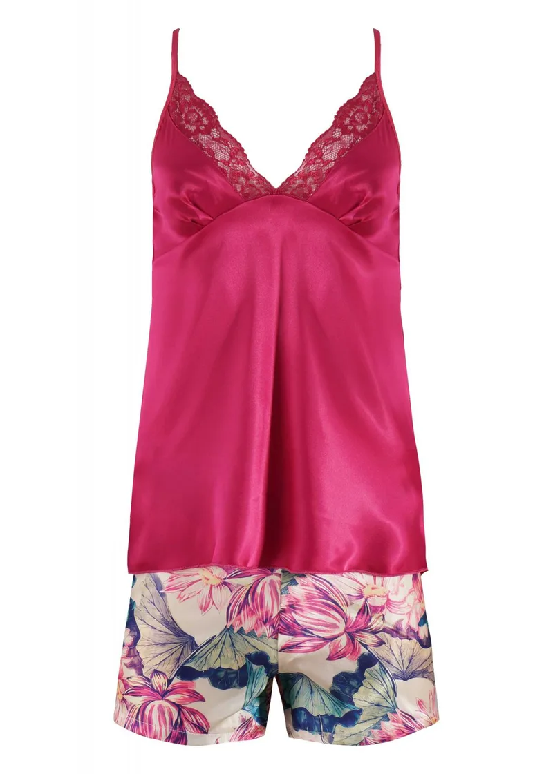 Baby doll Anil σατέν λεπτή ράντα floral print pants.Saten Collection ΦΟΥΞΙΑ