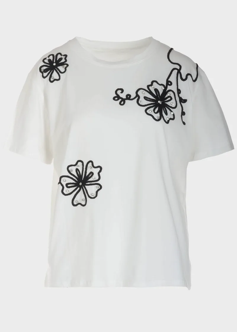 Γυναικείo tshirt με πλεκτά λουλούδια ΛΕΥΚΟ
