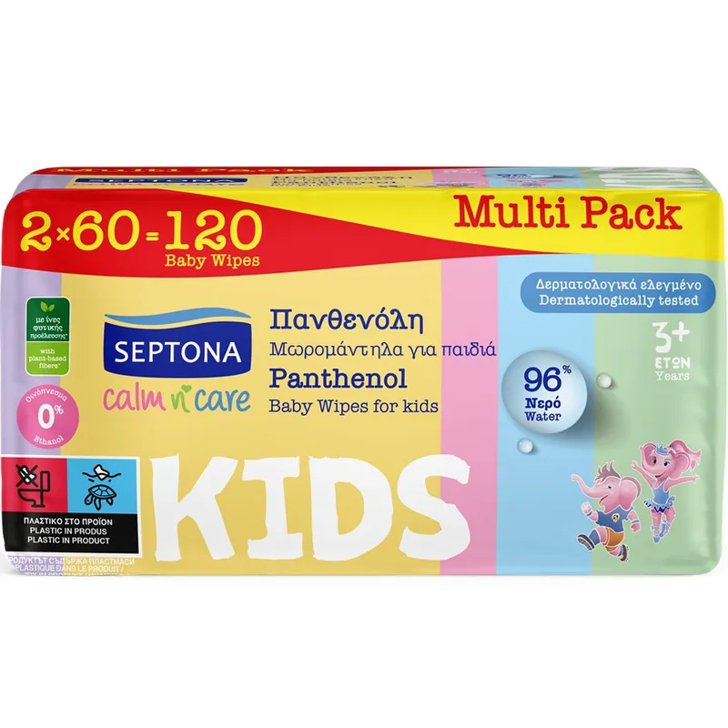 Septona Calm n' Care Kids Multi Pack 3 Years+ Wipes Απαλά Μωρομάντηλα με Πανθενόλη για Παιδιά από 3 Ετών 120 Τεμάχια (2x60 Τεμάχια)