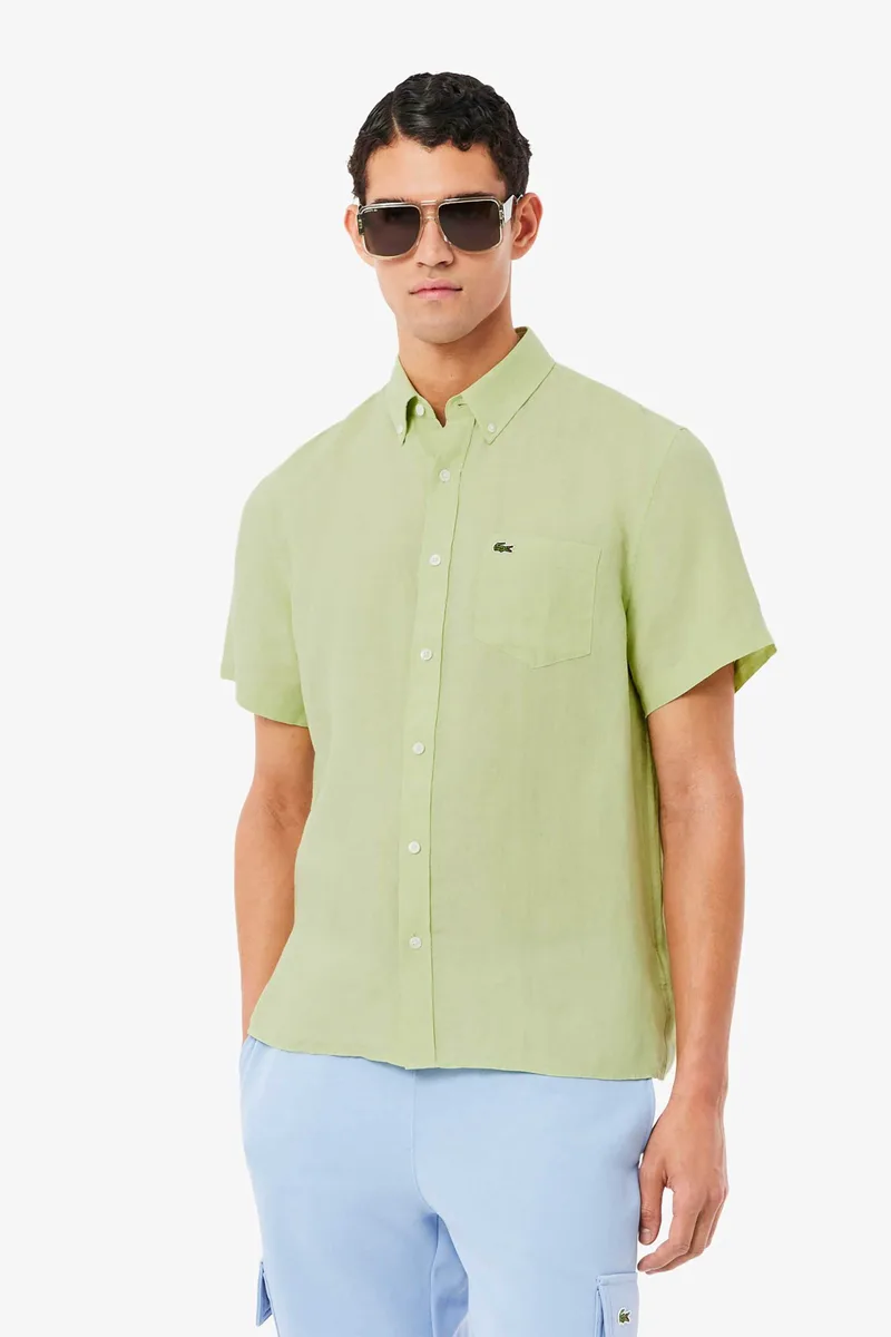 Lacoste ανδρικό λινό πουκάμισο κοντομάνικο με τσέπη και κεντημένο λογότυπο Regular Fit - CH5699 Πράσινο Ανοιχτό