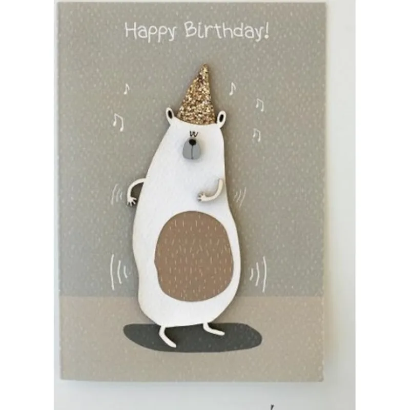 Ευχετήρια Κάρτα με Ξύλινα Στοιχεία Happy Birthday Αρκούδος που Χορεύει