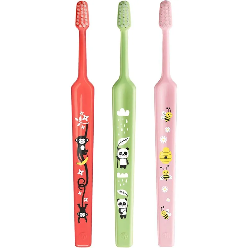 TePe Mini Extra Soft 0-6 Years Toothbrush Παιδική Οδοντόβουρτσα με Κωνική Κεφαλή & Πολύ Μαλακές Αποστρογγυλεμένες Ίνες, 3 Τεμάχια - Κοραλί / Λαχανί / Ροζ