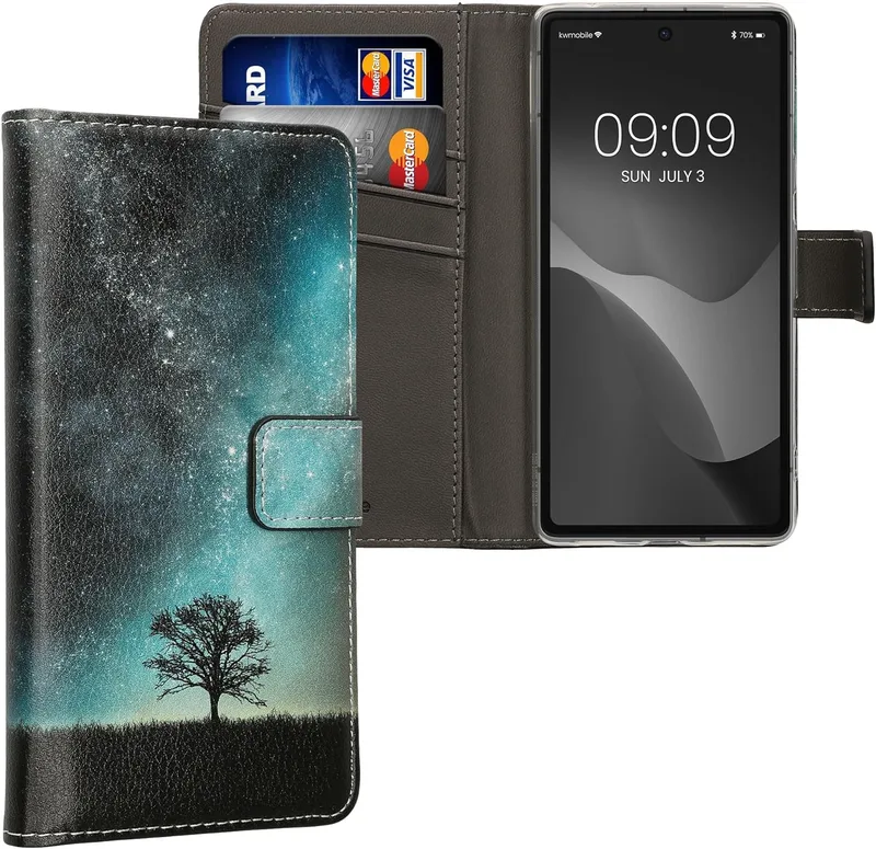 KWmobile Θήκη - Πορτοφόλι Google Pixel 7a - Cosmic Nature / Galaxy Tree Meadow / Blue / Grey / Black (61882.01)