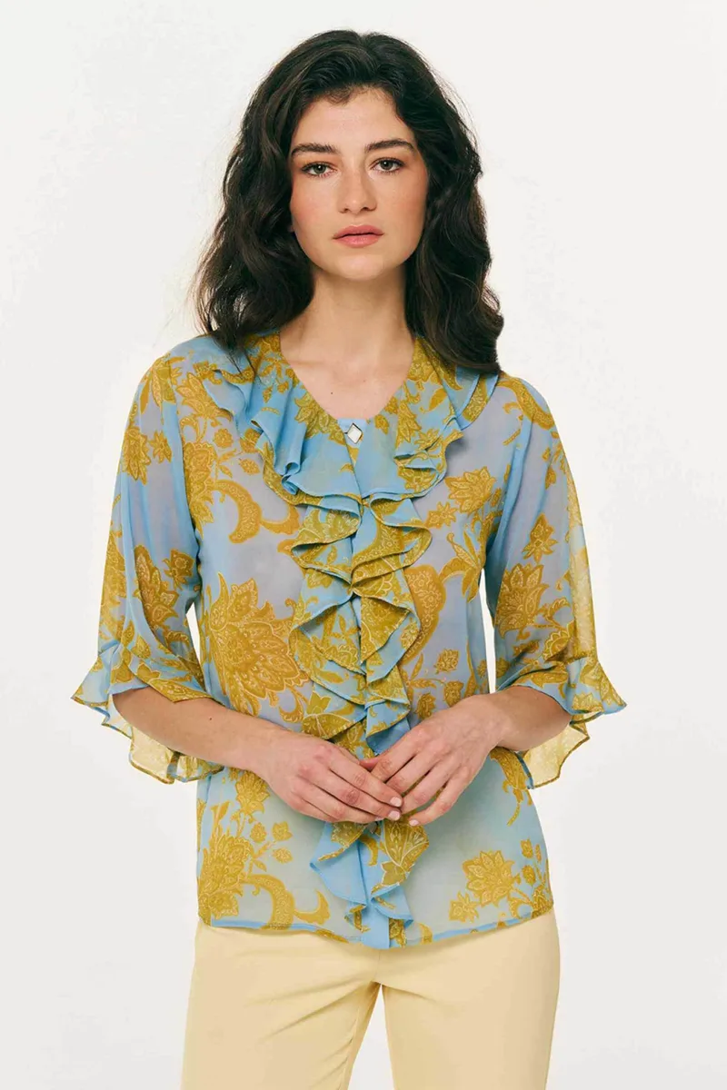 Forel γυναικεία μπλούζα εμπριμέ με βολάν - 082.80.01.004 Σιελ