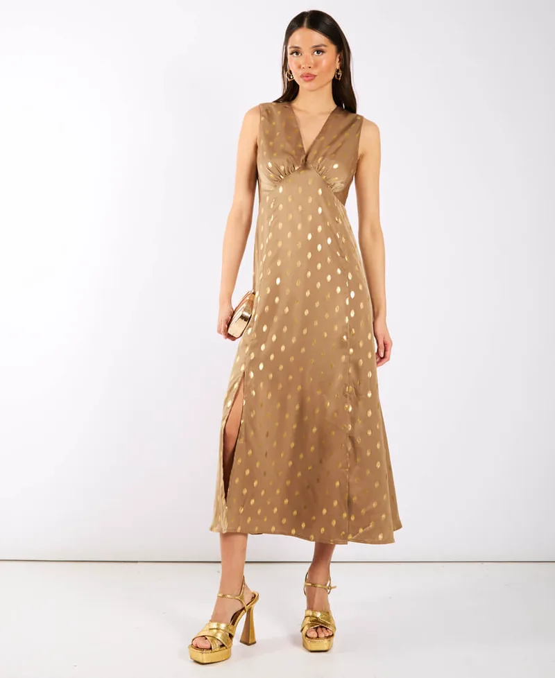Light Brown Foil Satin Midi Dress | Size: 10