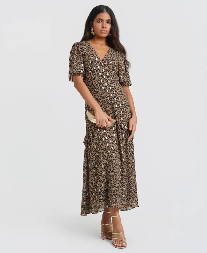 Ruffle Animal Foil Midi Dress | Size: 10