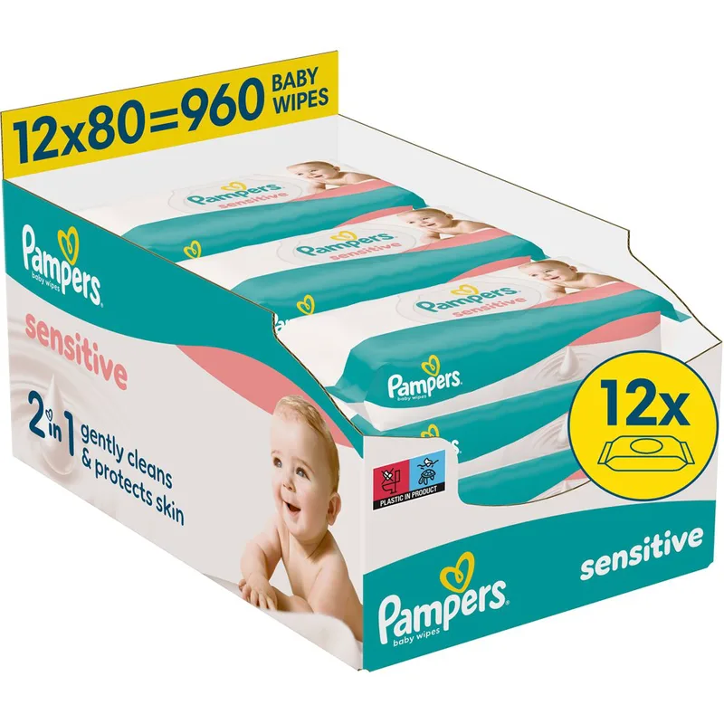 Pampers Sensitive Baby Wipes Απαλά Μωρομάντηλα που Καθαρίζουν & Προστατεύουν το Ευαίσθητο Βρεφικό Δέρμα 960 Τεμάχια (12x80 Τεμάχια)