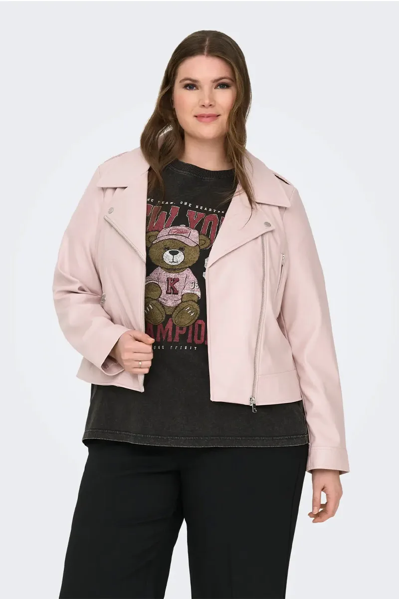 Leather-like biker μπουφάν σε ροζ χρώμα