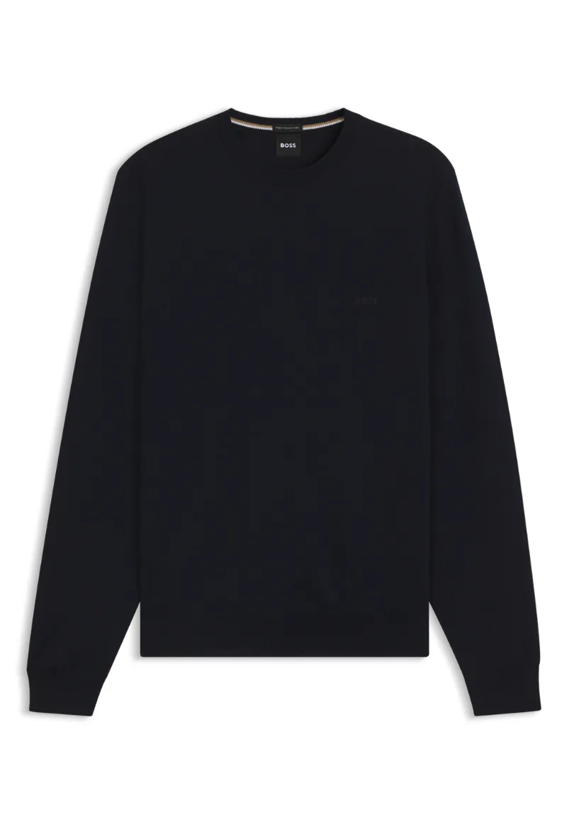 ΑΝΔΡΙΚΟ ΠΛΕΚΤΟ BOSS CREW NECK BOTTO-L ΚΑΝΟΝΙΚΗ ΓΡΑΜΜΗ ΣΚΟΥΡΟ ΜΠΛΕ