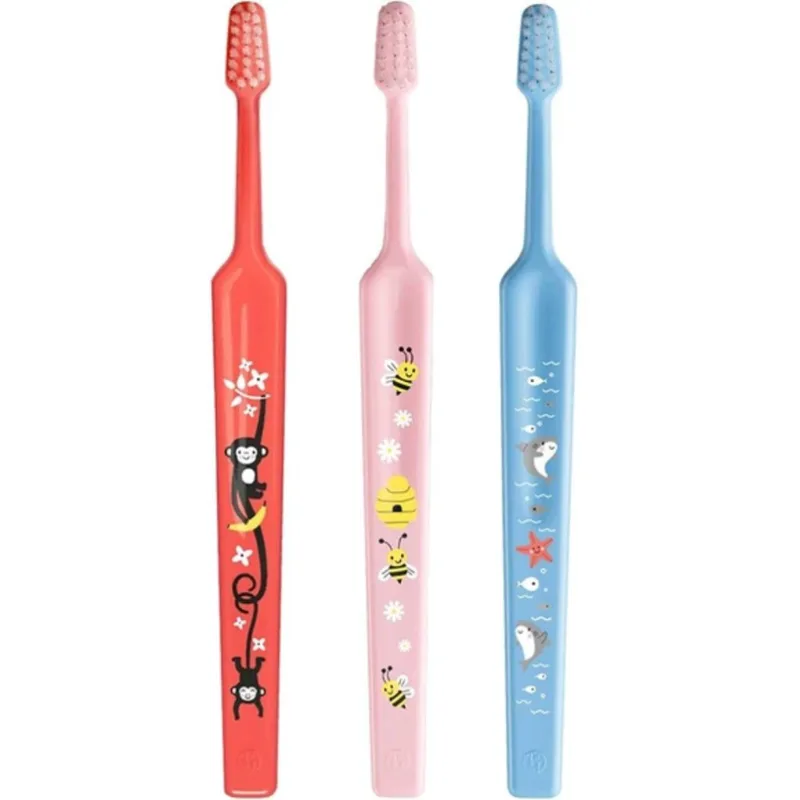 TePe Mini Extra Soft 0-6 Years Toothbrush Παιδική Οδοντόβουρτσα με Κωνική Κεφαλή & Πολύ Μαλακές Αποστρογγυλεμένες Ίνες 3 Τεμάχια - Κοραλί/ Ρόζ/ Γαλάζιο