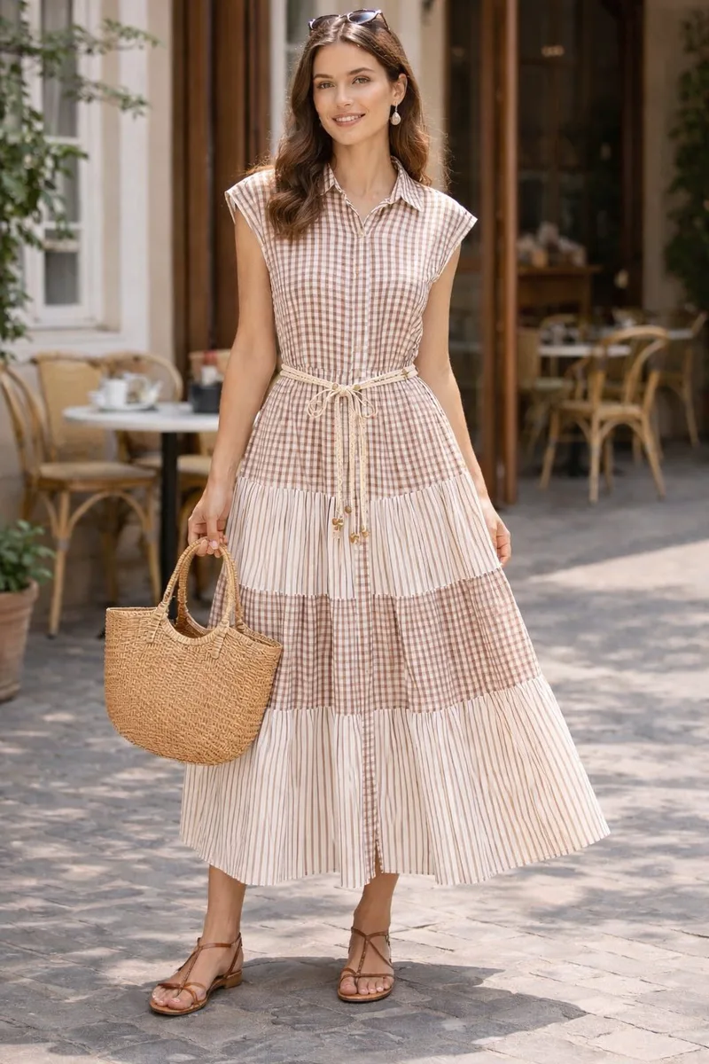 Midi Φόρεμα Καρό Με Ζώνη Και Βολάν | Dress Up Μπεζ