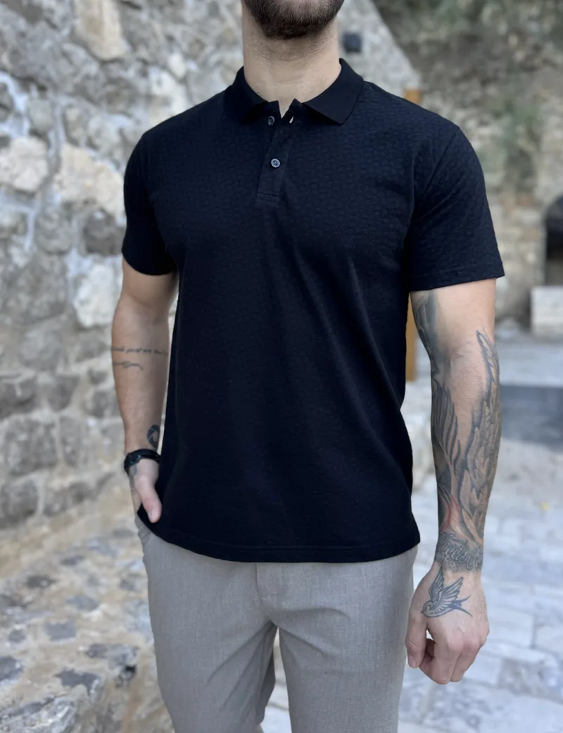 Ανδρική μαύρη Polo κοντομάνικη μπλούζα με ανάγλυφο ύφασμα 252838M