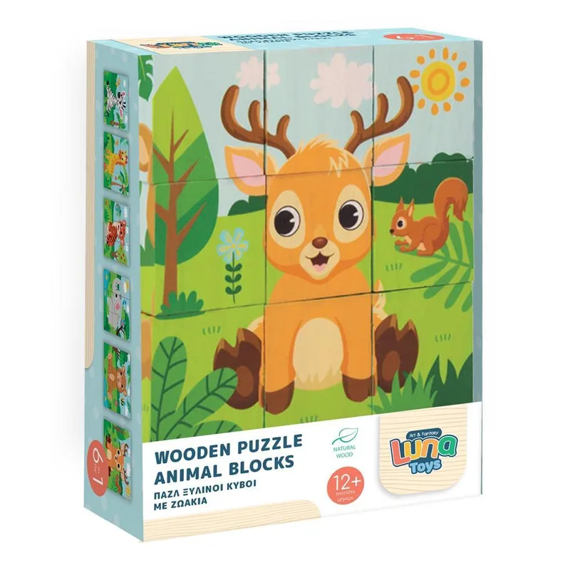 Παζλ Ξύλινο Κύβοι με Ζωάκια 6 Σε 1 Luna Toys, 13,5x4,5x13,5 εκ.