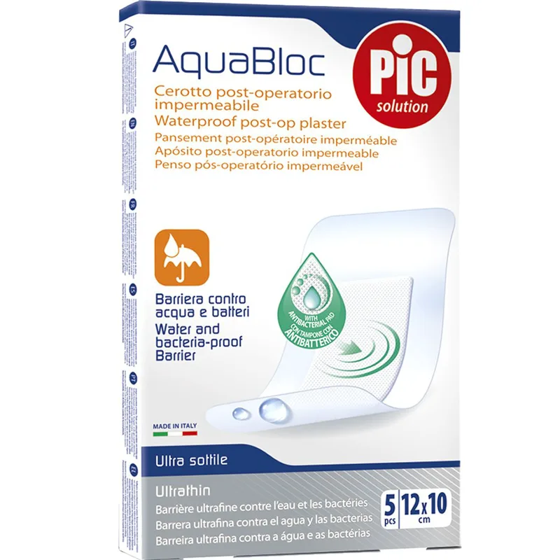Pic Solution Aquabloc Waterproof Post-Op Plaster Αδιάβροχο Αυτοκόλλητο Μετεγχειρητικό Επίθεμα με Ειδικό Αντιβακτηριακό Μαξιλαράκι 5 Τεμάχια - 12cm x 10cm