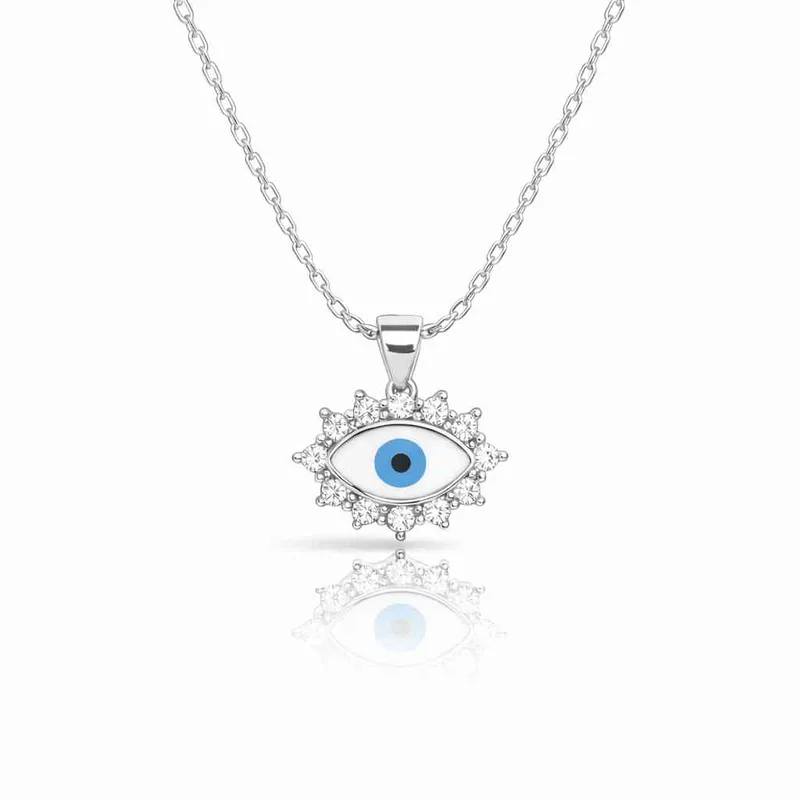 Ασημένιο Κολιέ 925 Μάτι Evil Eye με Λευκά Ζιργκόν