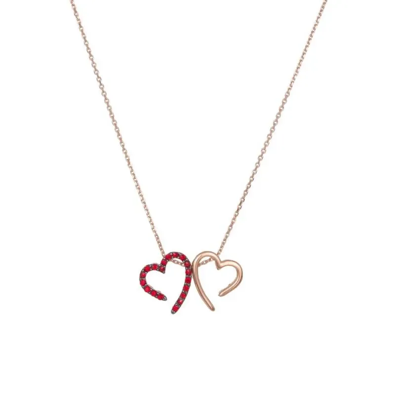Ροζ επίχρυσο κολιέ 925 double hearts με ζιργκόν 041263 041263 Ασήμι