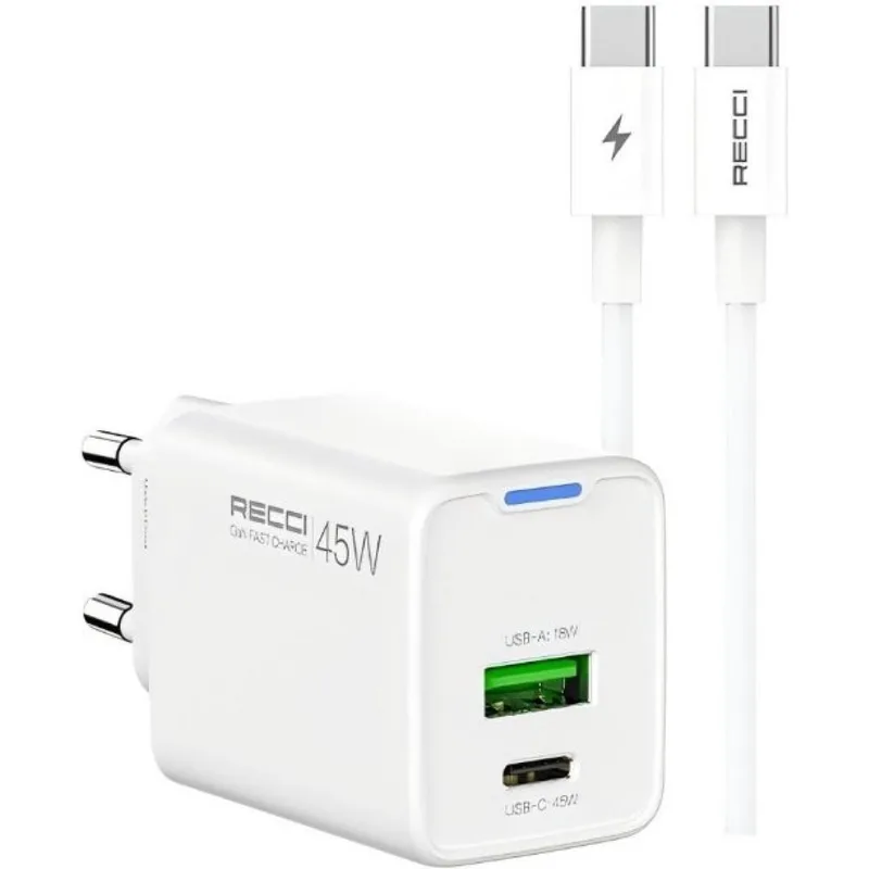 Φορτιστής Recci RC108E GaN Αντάπτορας με 1 x Type-C 45W / 1 x USB-A 18W & 1 x Καλώδιο Type-C σε Type-C 100cm - White (6955482532492)