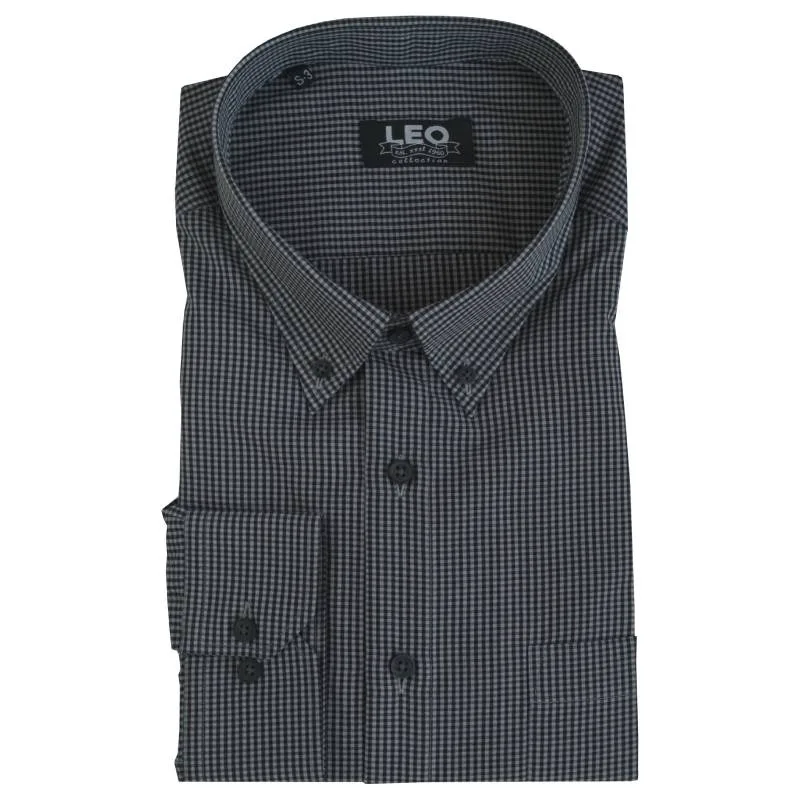 Πουκάμισο "Faded Grey Check" γαλλικής ραφής με μαλακό γιακά και κουμπί,της Leo Collection - Black/Slate Grey
