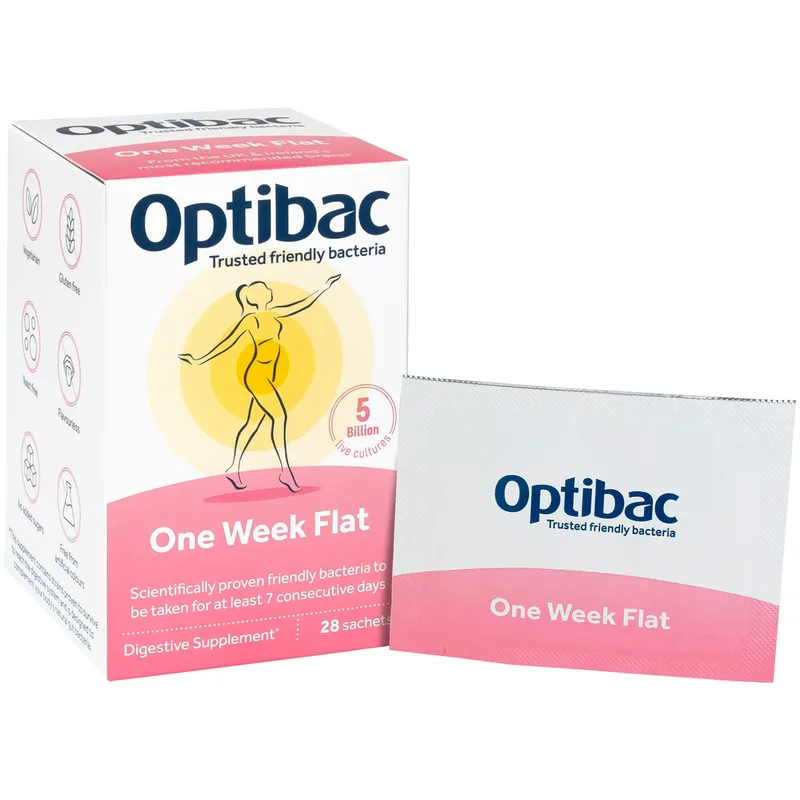 Optibac One Week Flat Συμπλήρωμα Διατροφής Προβιοτικών & Πρεβιοτικών για Ενίσχυση της Μικροχλωρίδας του Εντέρου, Αντιμετώπιση της Κατακράτησης & του Φουσκώματος για Επίπεδη Κοιλιά σε 7 Ημέρες 28 Sachets
