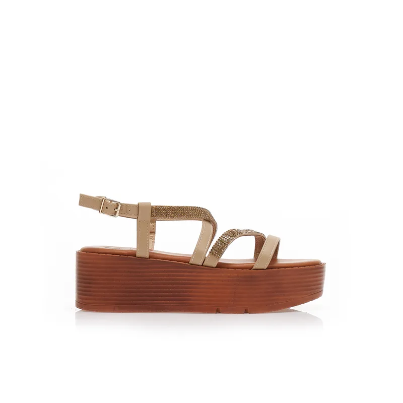 Flatforms μπεζ δερματίνη με λουράκια από στρας ΜΠΕΖ