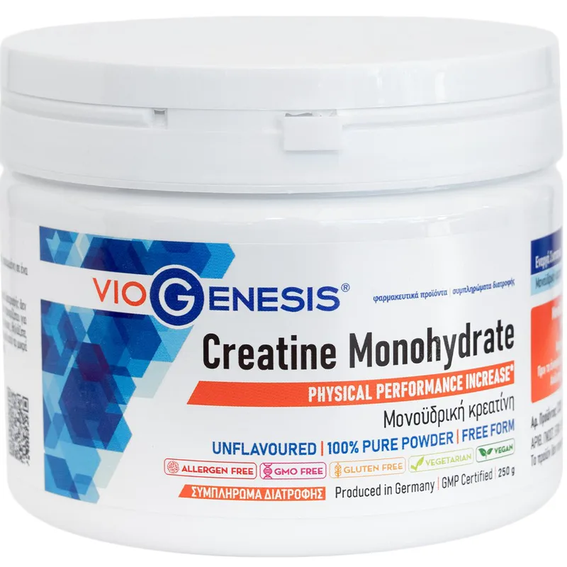 Viogenesis Creatine Monohydrate Συμπλήρωμα Διατροφής Μονοϋδρικής Κρεατίνης για Αύξηση της Σωματικής Επίδοσης & Ενίσχυση της Μυϊκής Δύναμης σε Προπόνηση με Αντιστάσεις 250g