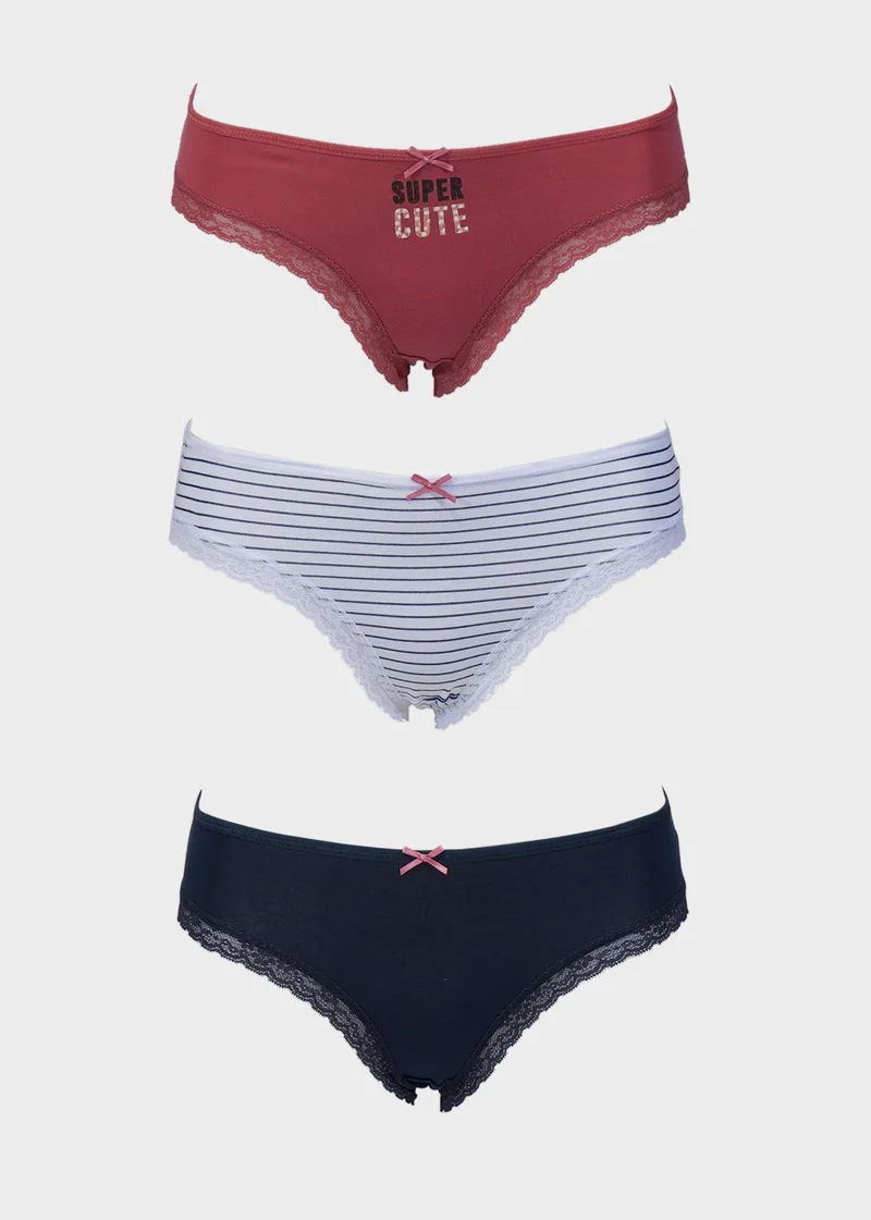 Γυναικείο slip brief cotton διακοσμητική ελαστική δαντέλα. Συσκευασία 3pack. MULTI COLOUR
