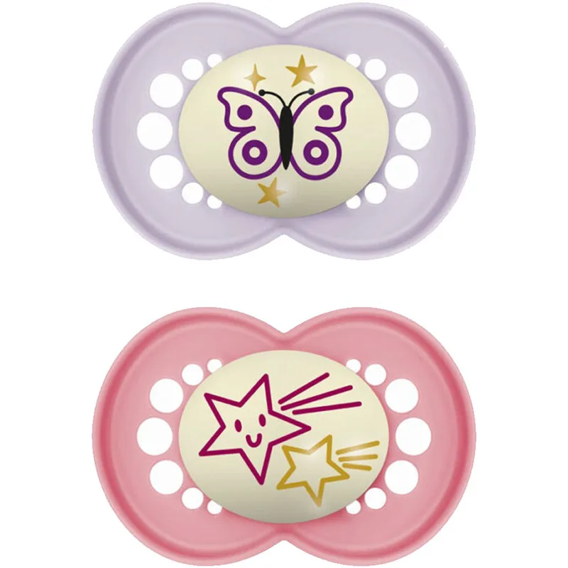 Mam Original Night Orthodontic Silicone Soother 6-16m Ορθοδοντική Πιπίλα Σιλικόνης που Λάμπει στο Σκοτάδι από 6 Έως 16 Μηνών 2 Τεμάχια, Κωδ 160SGc - Λιλά / Φούξια