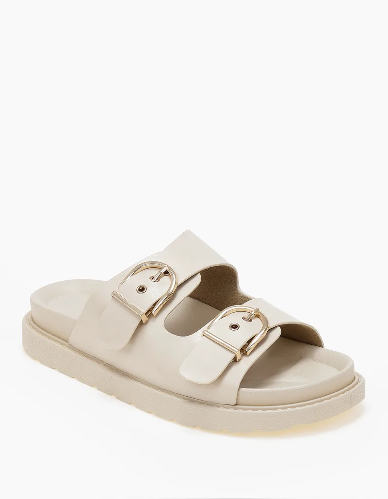 Σανδάλια flatform με ρυθμιζόμενες ζώνες και αγκράφες - Μπεζ