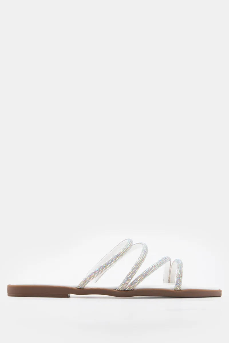 LUIGI DESIGN - Flat Σανδάλια με Πολλαπλά Λουράκια από Strass - Λευκό