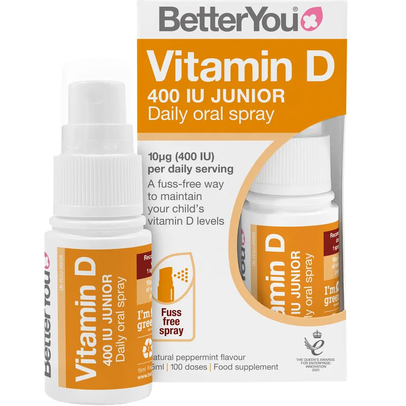 BetterYou Vitamin D 400IU Junior Daily Oral Spray Συμπλήρωμα Διατροφής Βιταμίνης D3 για Παιδιά από 3 Ετών & Άνω σε Μορφή Spray για Σωστή Ανάπτυξη, Καλή Υγεία Οστών, Δοντιών & Ενίσχυση Ανοσοποιητικού με Γεύση Μέντας 15ml