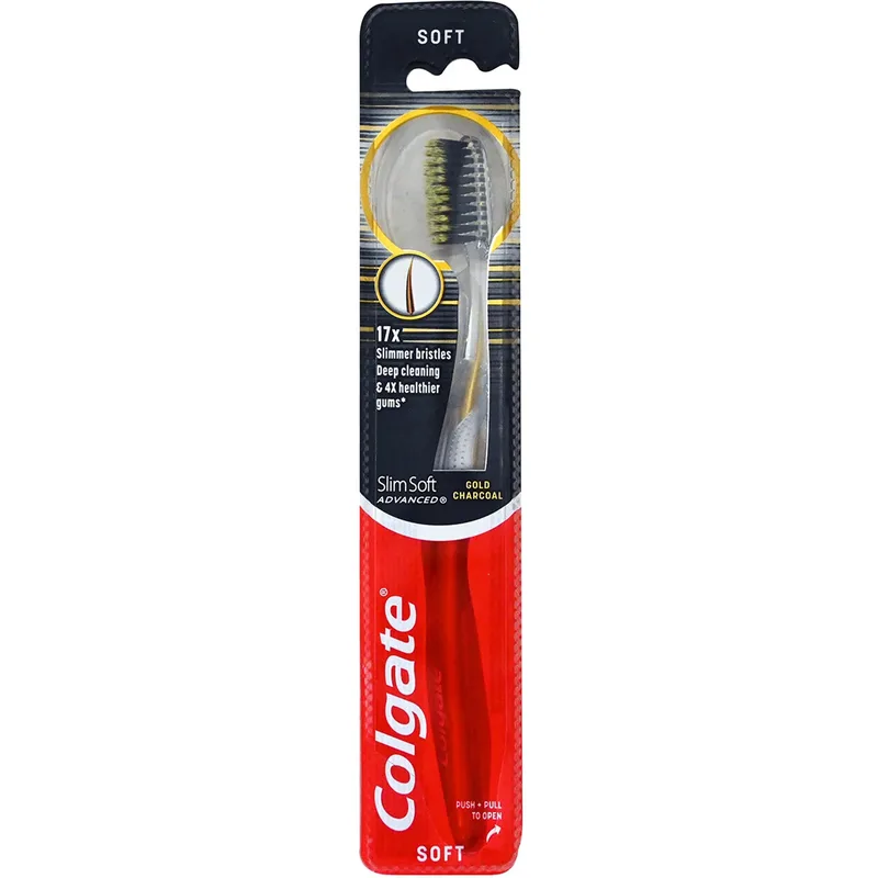 Colgate Slim Soft Advanced Χρυσό Charcoal Toothbrush Οδοντόβουρτσα με Μαλακές Ίνες & Εργονομική Λαβή 1 Τεμάχιο - Γκρι