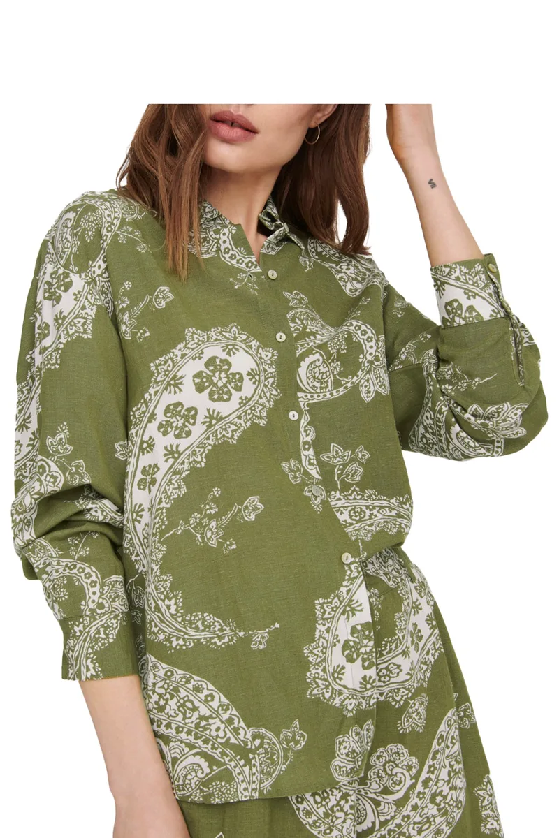 Πουκάμισο Μακρυμάνικο Only Onlbella Linen 15289378-Olive Branch Γυναικείο