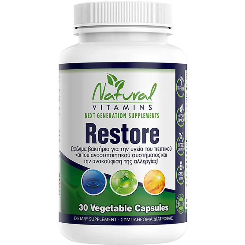 Natural Vitamins Restore Συμπλήρωμα Διατροφής Συμπλέγματος Προβιοτικών για Αντιμετώπιση Γαστροπεπτικών Διαταραχών & Ενίσχυση της Εντερικής Χλωρίδας 30veg.caps