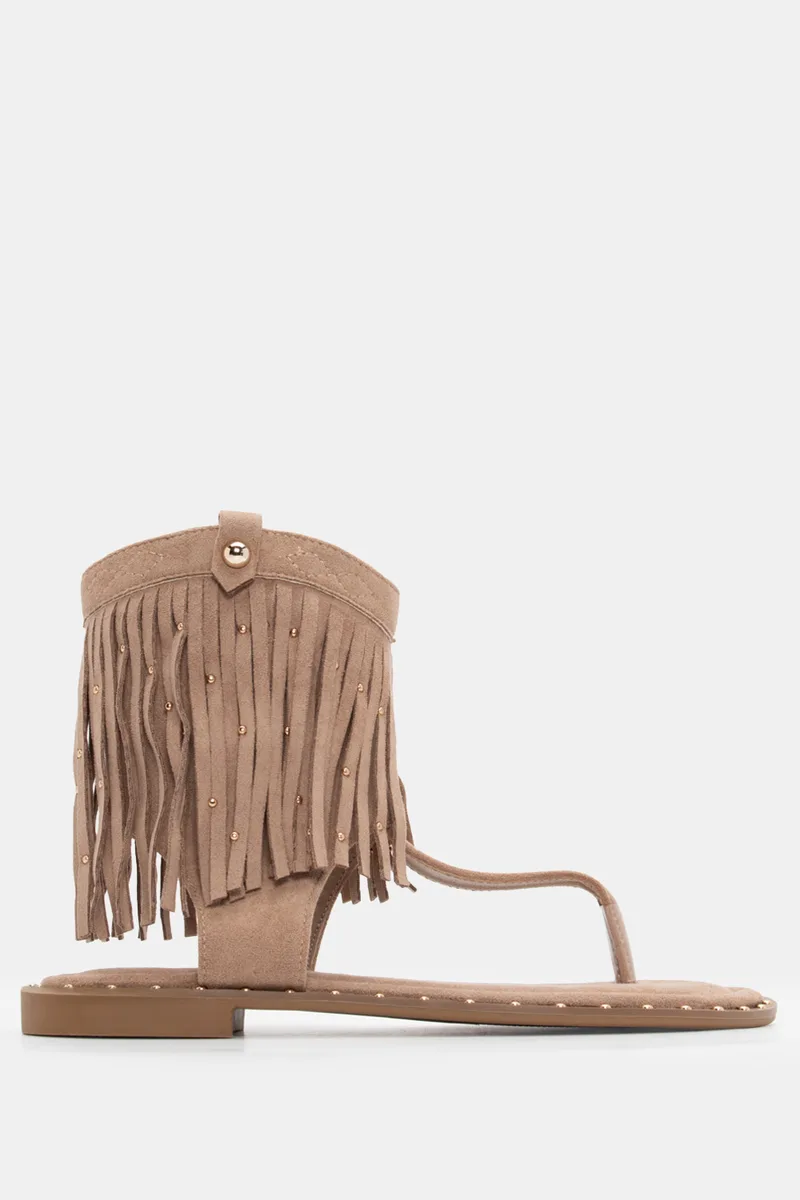 Flat Σανδάλια Boho με Διακοσμητικά Τρούκς - Μπεζ-Σκούρο