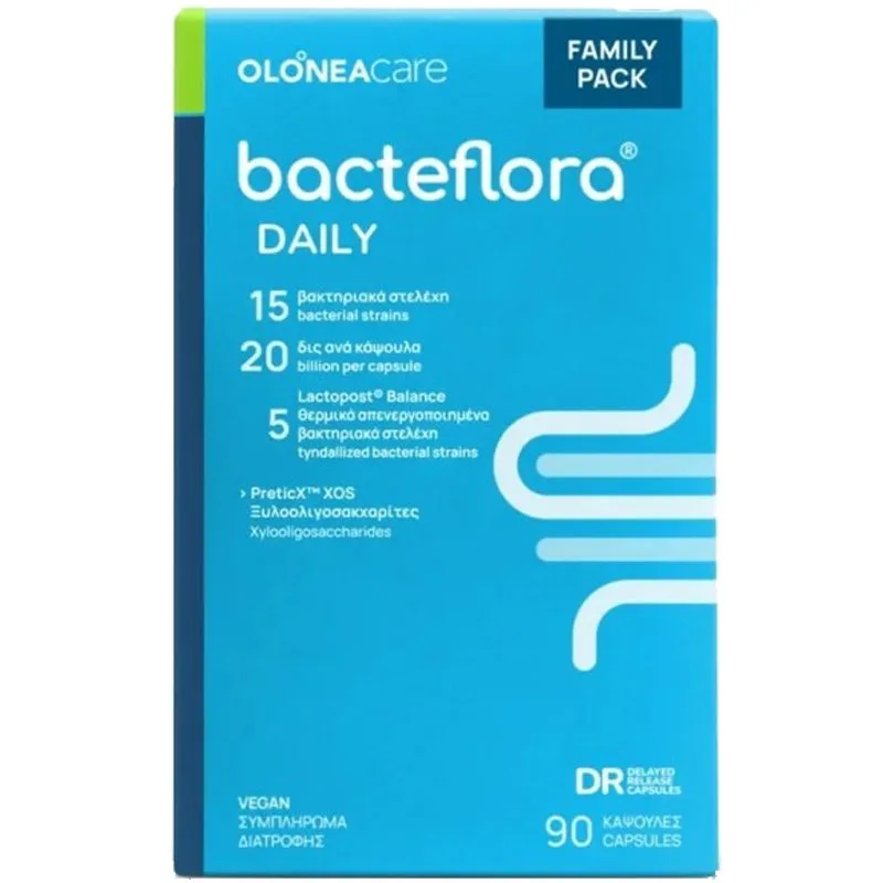 Olonea Bacteflora Daily Family Pack Συμπλήρωμα Διατροφής Πρεβιοτικών & Μεταβιοτικών για την Ενίσχυση του Εντερικού Μικροβιώματος & την Ομαλή Λειτουργία του Εντέρου 90caps