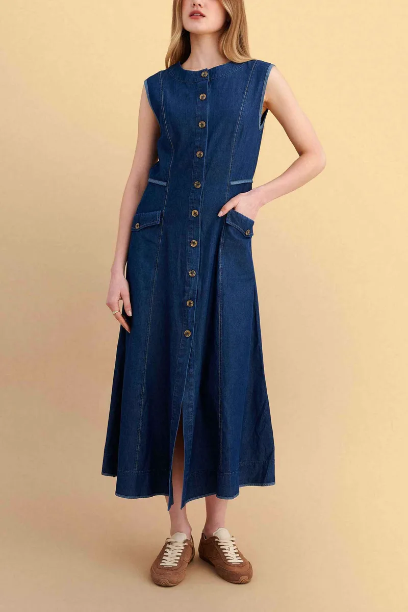 Attrattivo γυναικείο midi αμάνικο σεμιζιέ denim φόρεμα - 91253756 Μπλε Σκούρο
