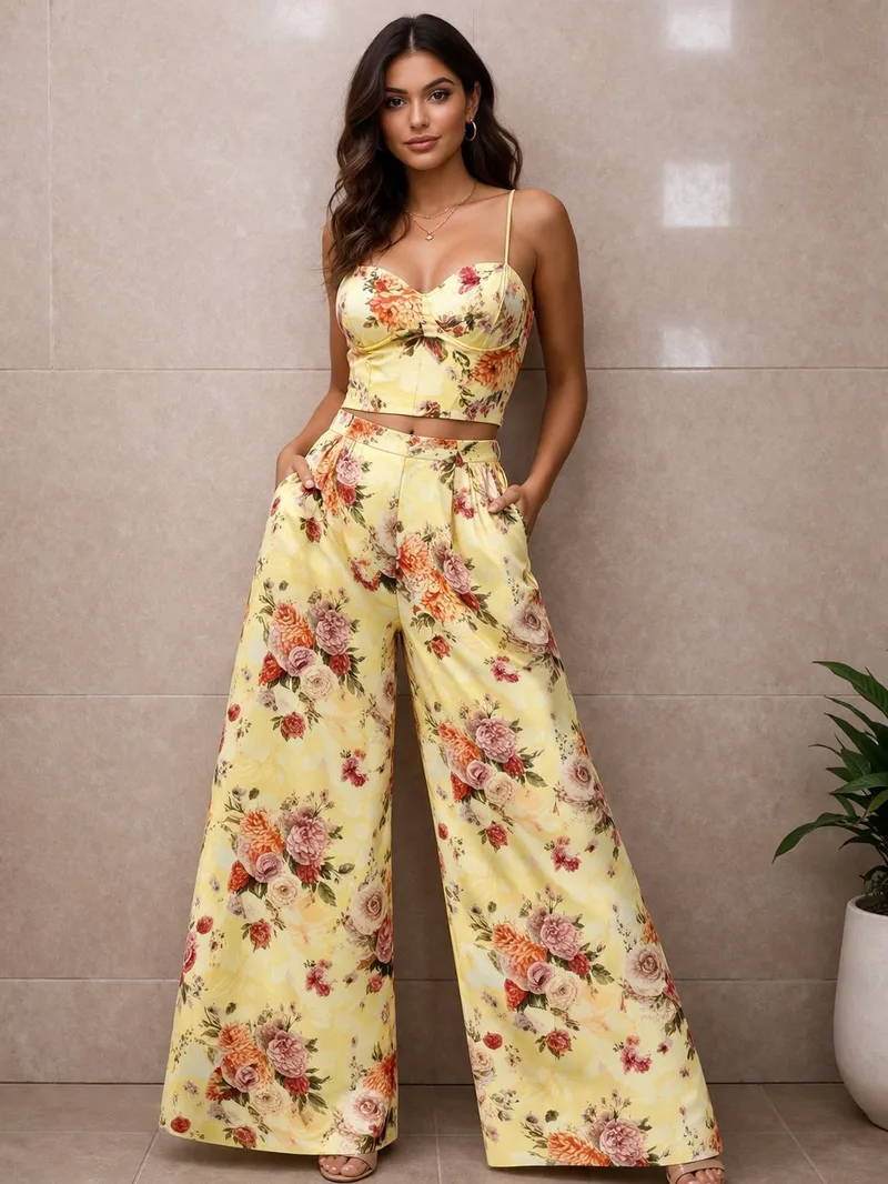 Κίτρινο Floral Σετ Crop Top Μπουστάκι Και Παντελόνα Με Άνετη Γραμμή | Dress Up Κίτρινο