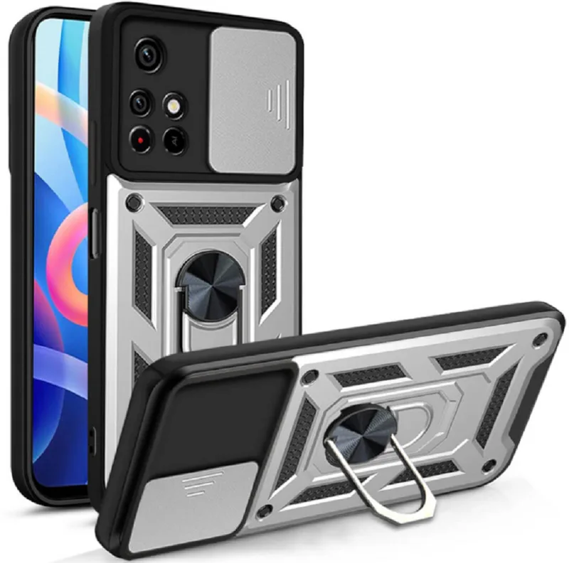 Bodycell Armor Slide - Ανθεκτική Θήκη Xiaomi Poco M4 Pro 5G / Redmi Note 11S 5G με Κάλυμμα για την Κάμερα & Μεταλλικό Ring Holder - Silver (5206015014833)