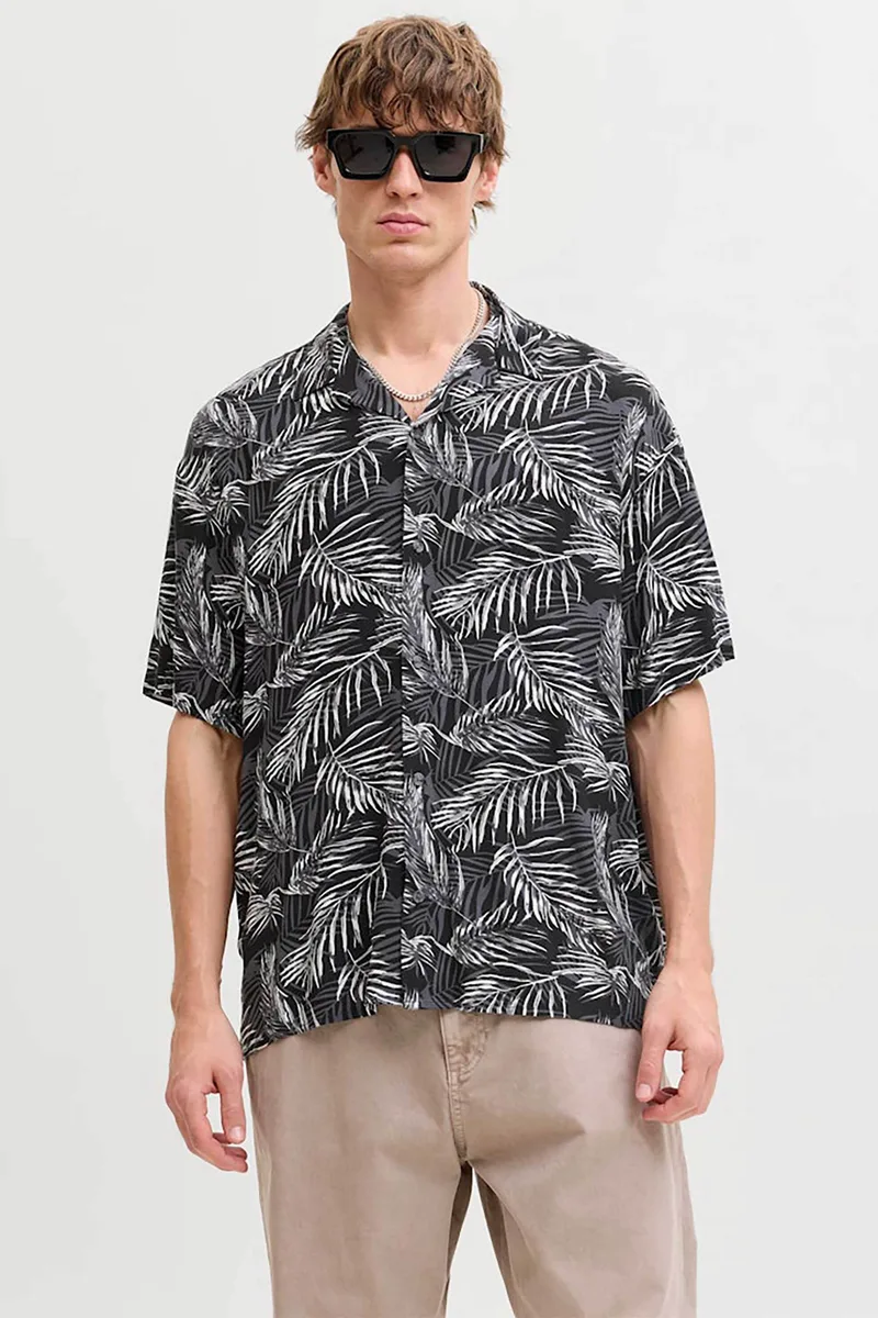 JACK & JONES ανδρικό κοντομάνικο πουκάμισο με floral print Relaxed Fit - 12288854 Μαύρο