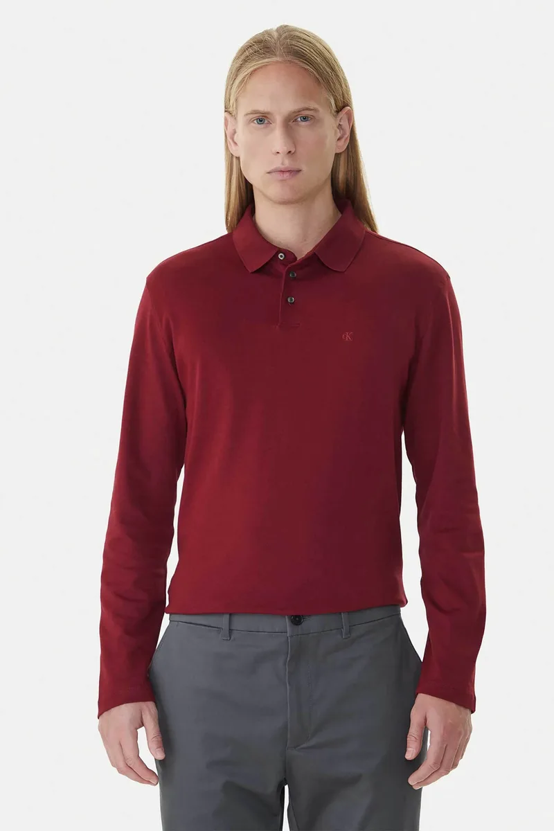 Calvin Klein ανδρική μπλούζα πόλο με κεντημένο monogram Regular Fit - LV040EM909 Μπορντό