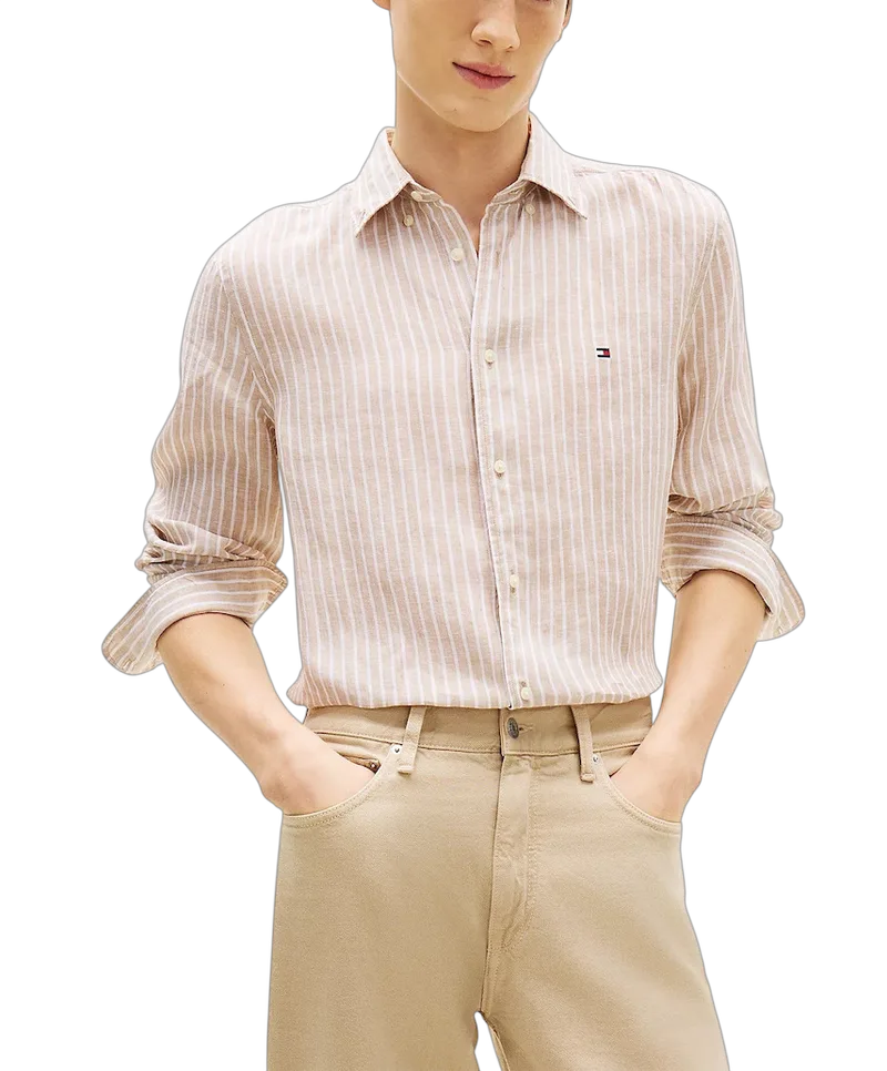 Ανδρικό Λινό Ριγέ Πουκάμισο Μπεζ Tommy Hilfiger MW0MW42400-0BK